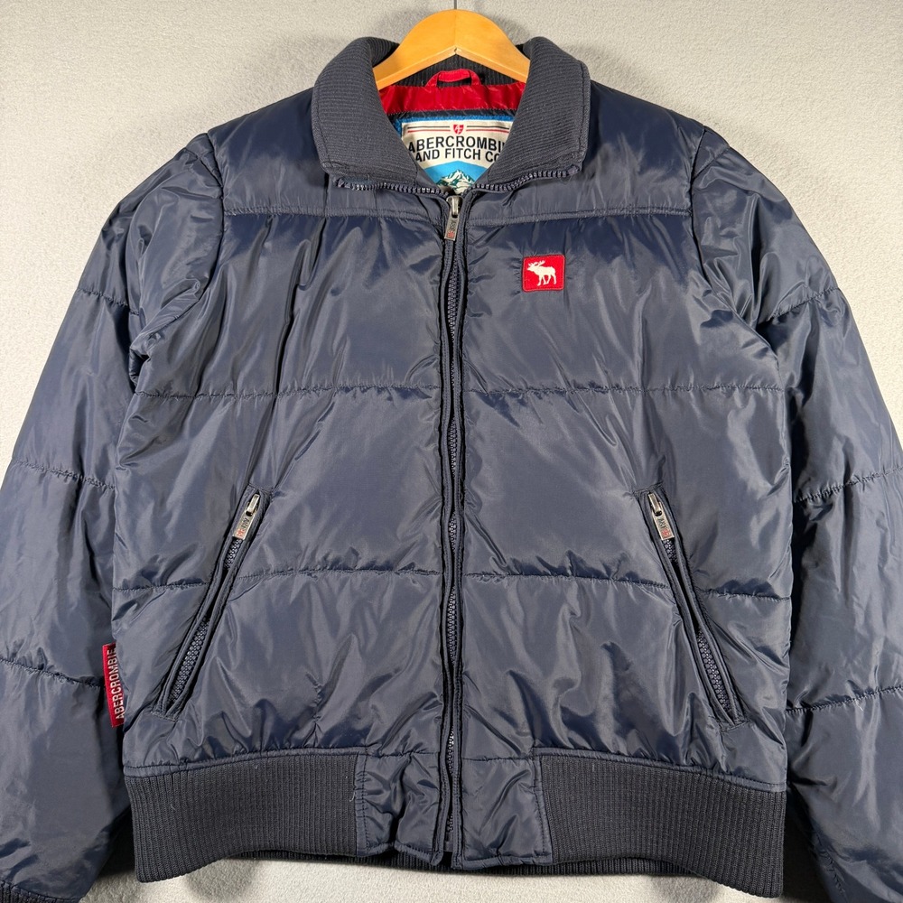 Vintage Abercrombie & Fitch Men Navy Blue Down Filled Puffer Bomber Jacket Large